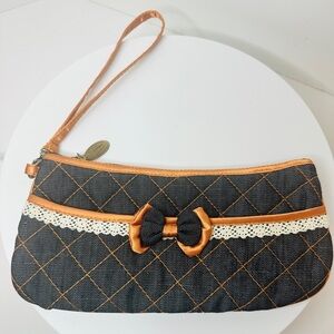 NaRaya Dark Denim and Tan Quilted Wristlet Clutch with Lace and Bow accent